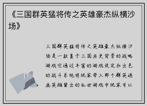 《三国群英猛将传之英雄豪杰纵横沙场》