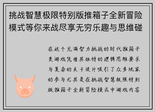 挑战智慧极限特别版推箱子全新冒险模式等你来战尽享无穷乐趣与思维碰撞