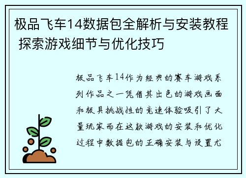 极品飞车14数据包全解析与安装教程 探索游戏细节与优化技巧